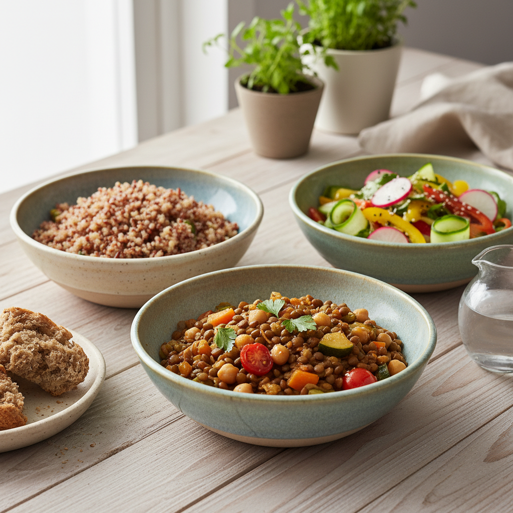 Repas composé de légumineuses, céréales complètes et légumes frais présenté dans des bols en céramique artisanale sur une surface en bois clair