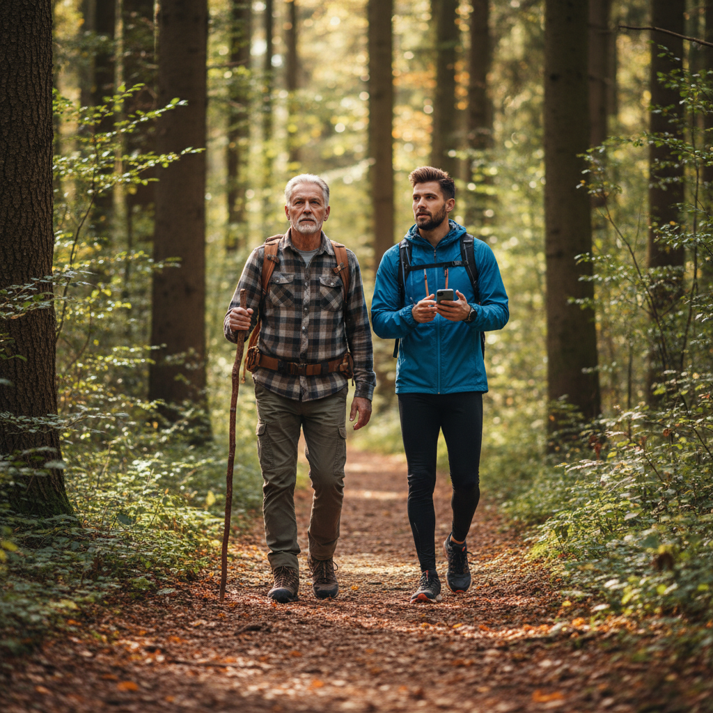 Deux hommes de générations différentes marchant côte à côte sur un chemin en forêt, illustrant des approches diverses de l'activité physique au fil du temps