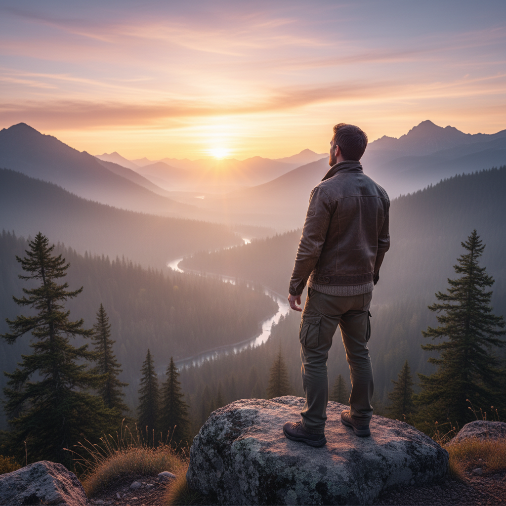 Homme en contemplation dans un paysage naturel serein au lever du soleil, évoquant la clarté mentale et l'équilibre de vie