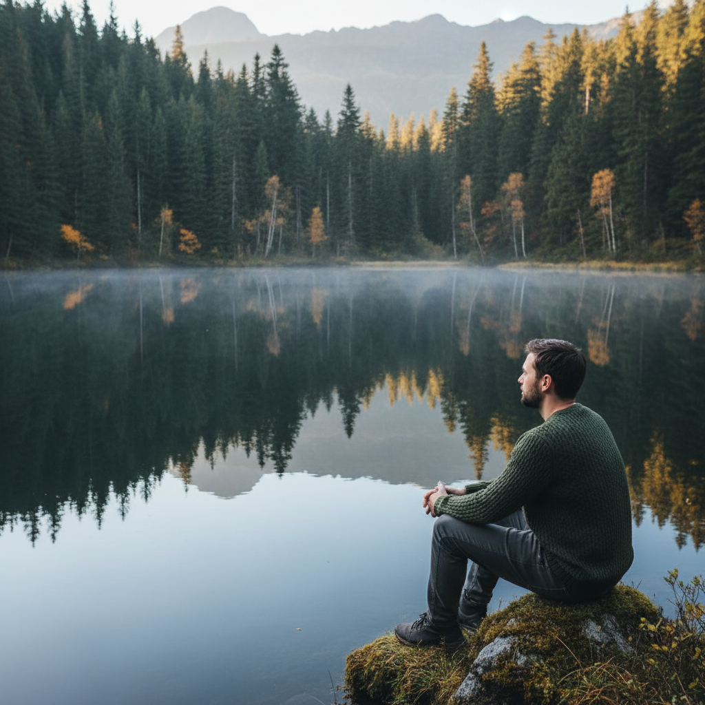 Homme assis en contemplation face à un lac calme entouré de forêt, illustrant un moment de pleine conscience et de réflexion sereine dans la nature