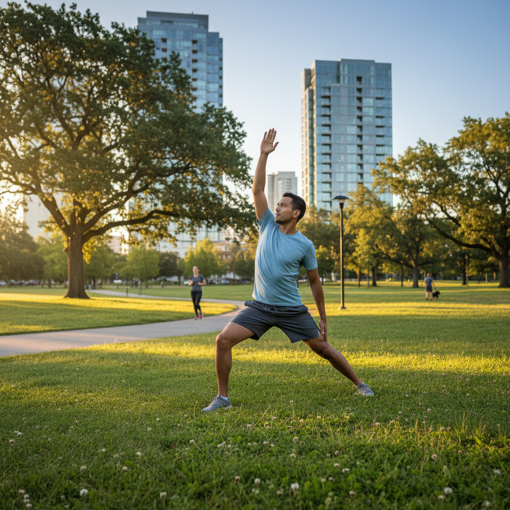 Homme effectuant des étirements matinaux dans un parc urbain verdoyant, illustrant une pratique physique douce et régulière intégrée à la vie quotidienne